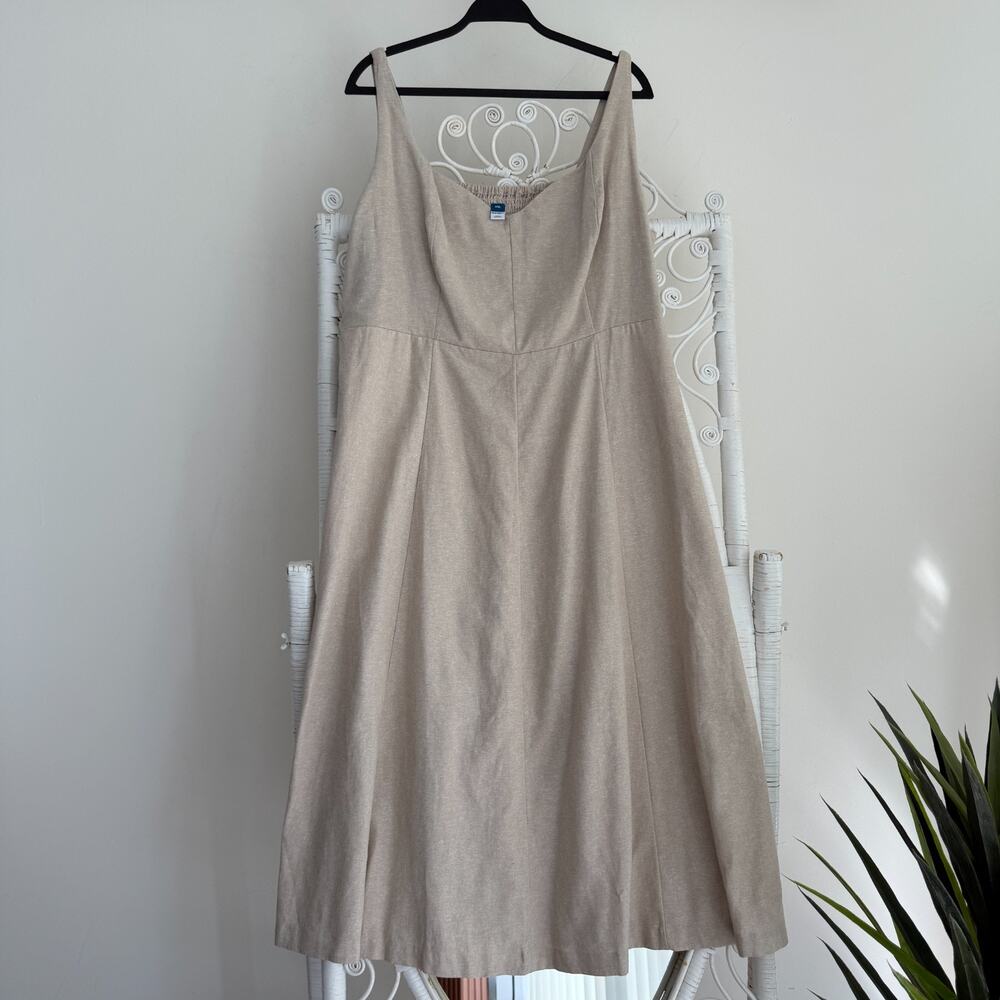 Old Navy Fit Flare Dress XXL Linen Blend Midi Sleeveless Smocked Pockets Neutral